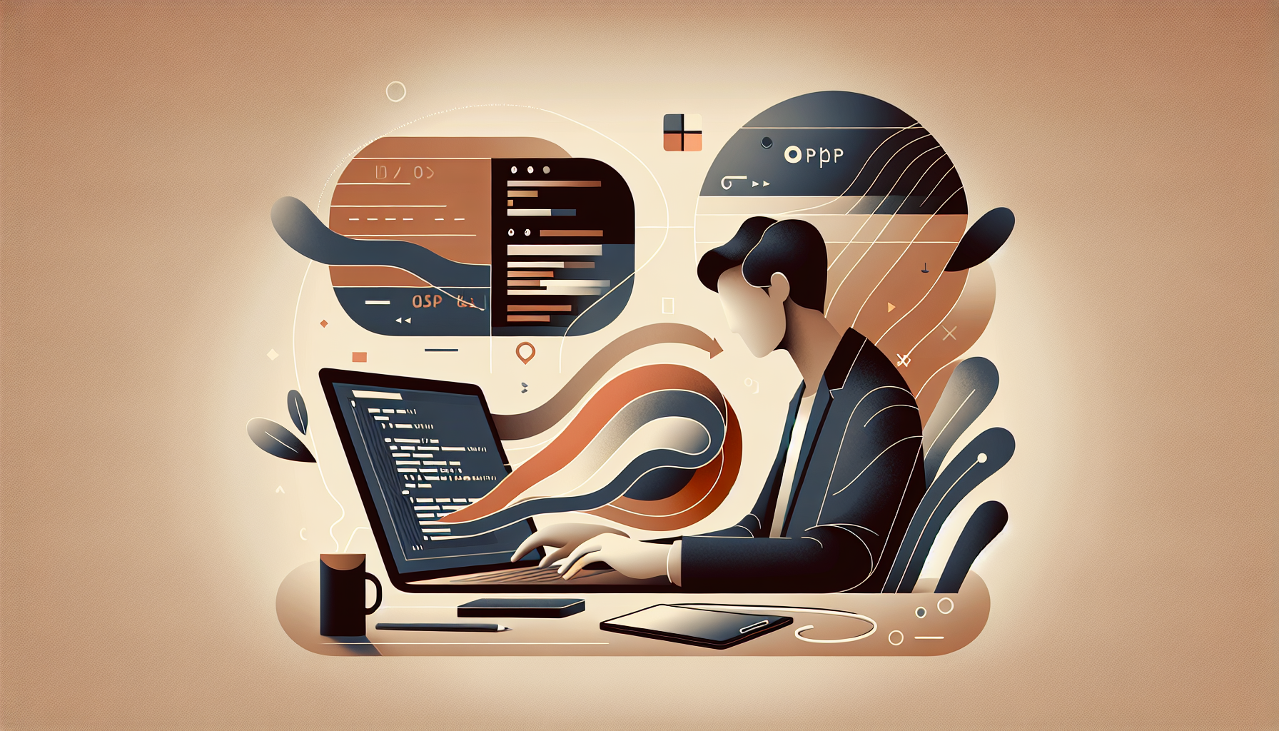 A developer working on a laptop with PHP code on the screen.