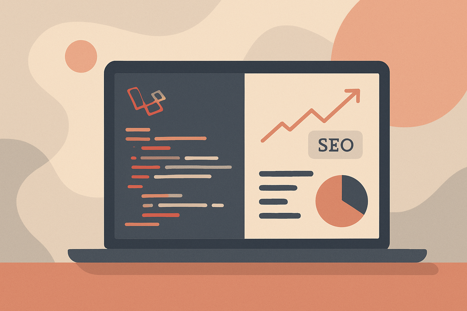 A laptop screen displaying Laravel code and SEO analytics